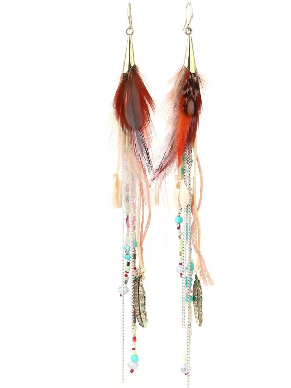 Bohemian Feather Dangle Earrings for Women with Shell Beads Long Tassel Design D - Picture 1 of 9